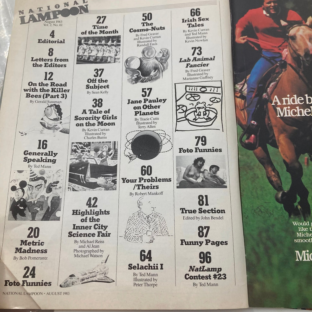 Vintage National Lampoon Magazine August 1983 interior page displaying the table of contents, highlighting various humorous articles including 'Editorial', 'Generally Speaking', and 'Your Problems / Theirs', reflecting the magazine's unique satirical style.