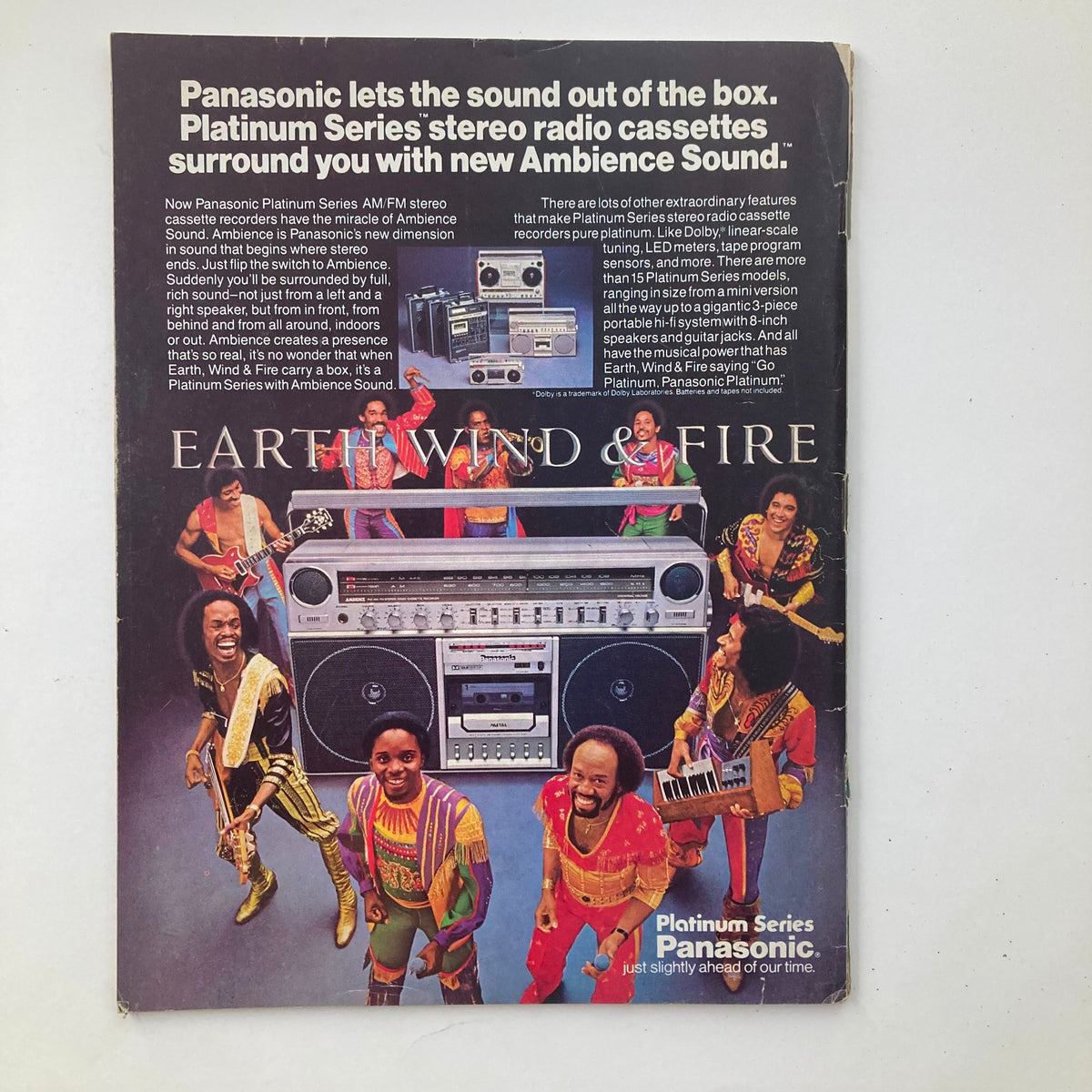 Back cover of the Vintage National Lampoon Magazine December 1981 Vol 2 No 41 showcasing an advertisement for Panasonic's Platinum Series featuring Earth, Wind & Fire.