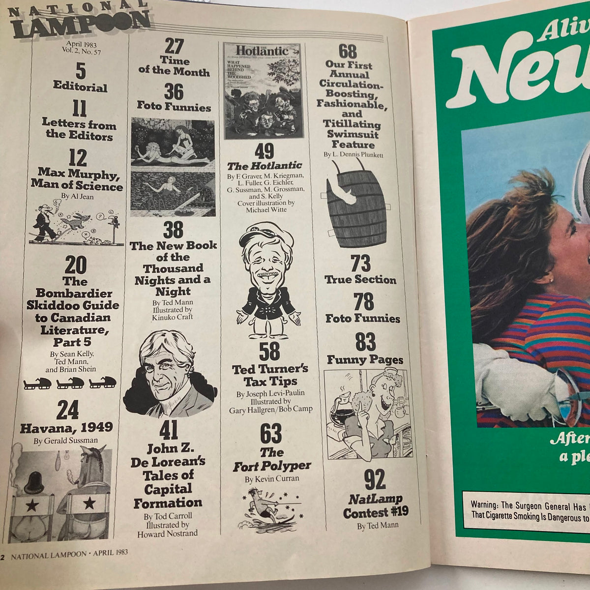 Interior page of Vintage National Lampoon Magazine April 1983 Vol 2 No 57 displaying a content list and illustrations from inside the magazine.