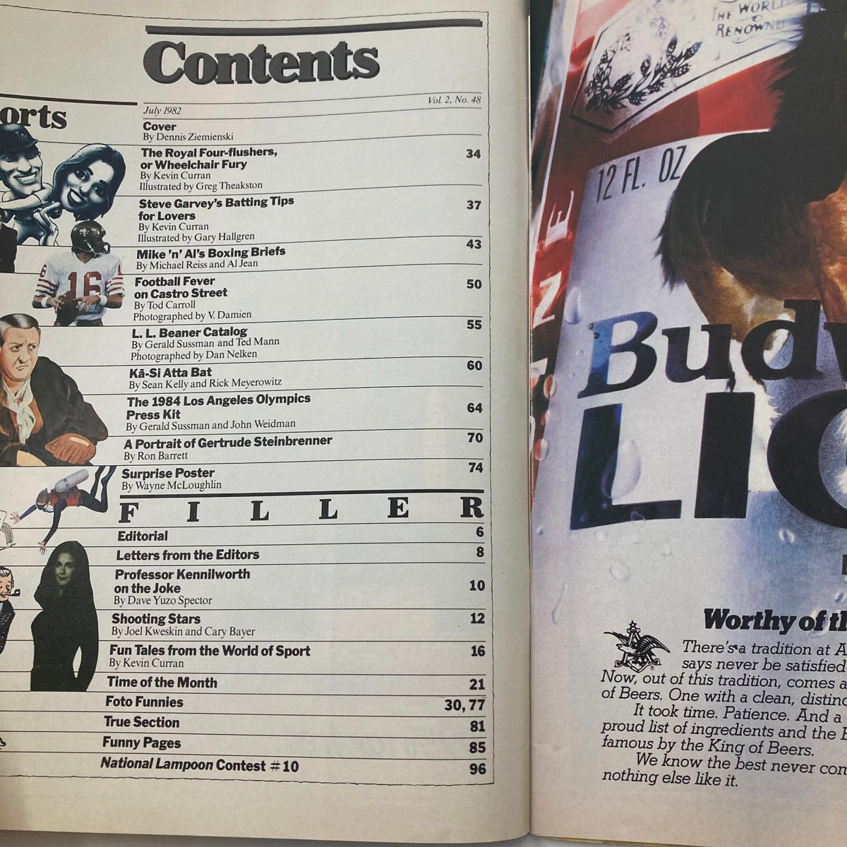 Contents page of Vintage National Lampoon Sports Magazine July 1982 highlighting various articles including an editorial, sports commentary, and humor features.