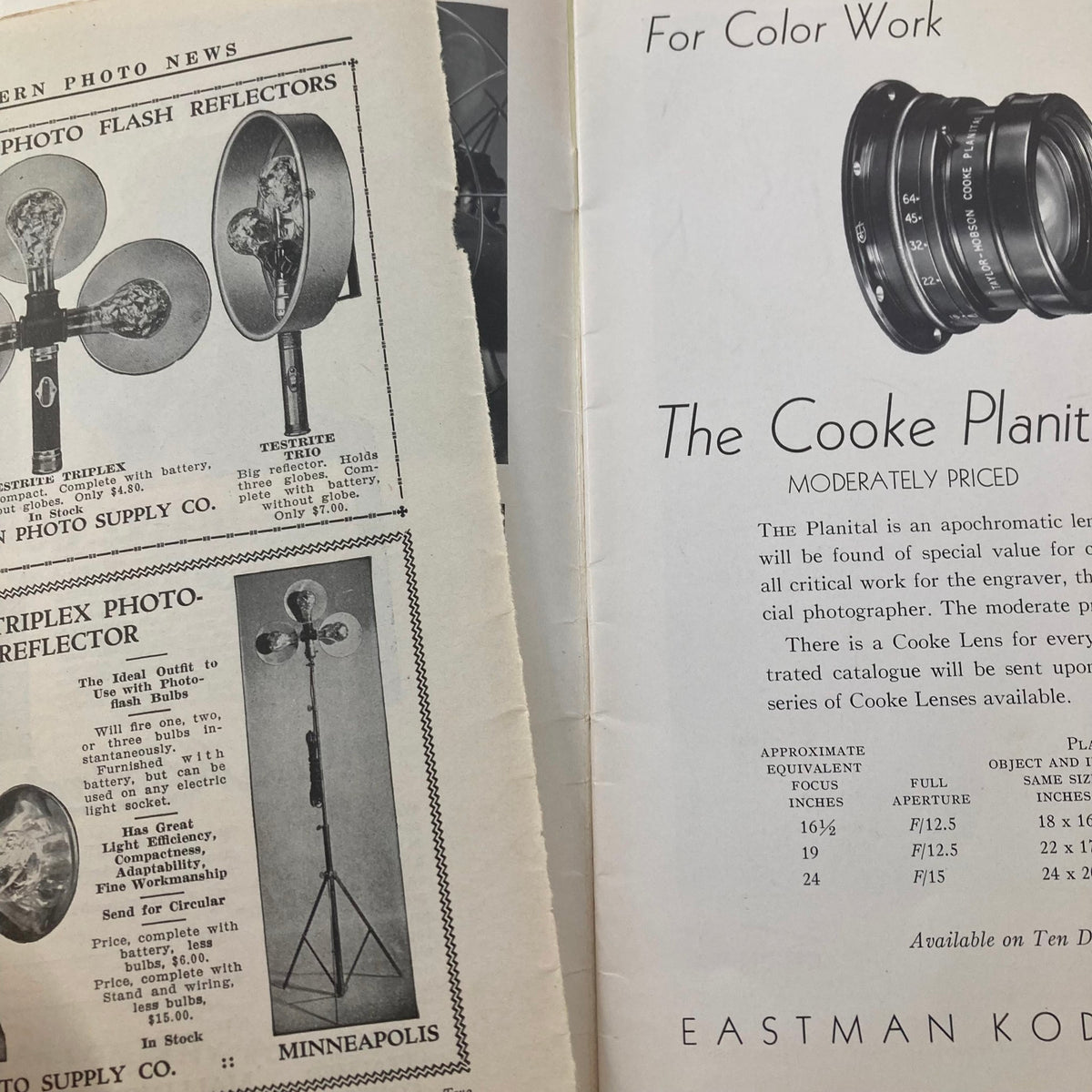 Interior page of VTG Photographic Review Magazine March 1941 highlighting The Cooke Planital lens. The page features advertisements for photographic equipment and details about the Cooke Planital lens, emphasizing its significance in photography.