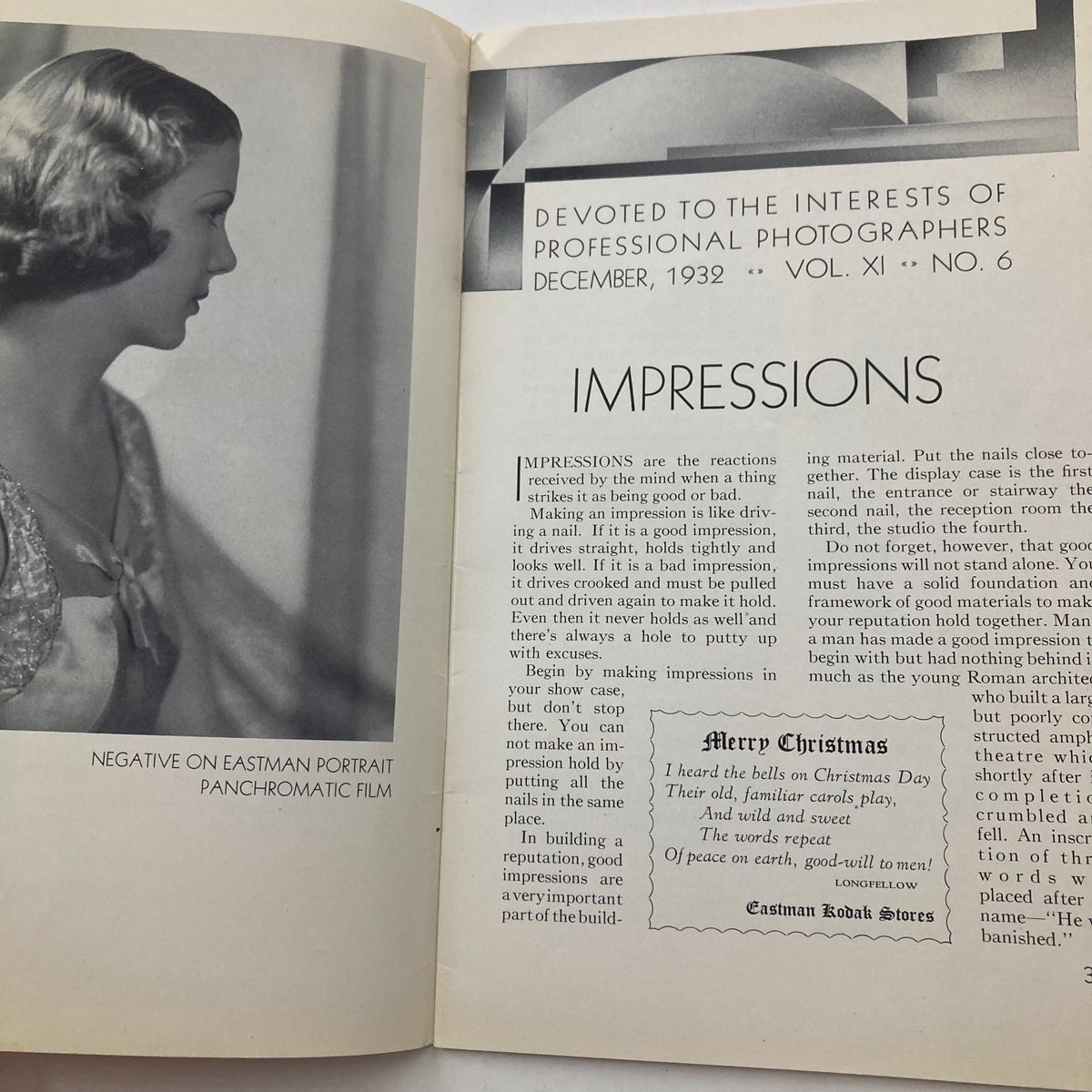 Interior page of VTG Photographic Review Magazine December 1932 Eastman Portrait, showcasing an article titled 'Impressions' with a side profile photograph of a woman, discussing photography techniques.