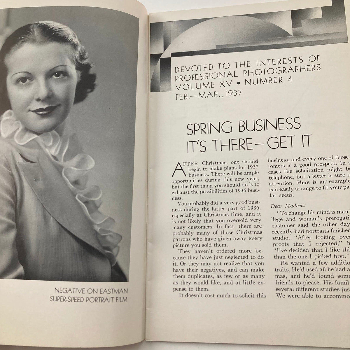 VTG Photographic Review Magazine February 1937 featuring an article on Super-Speed Portrait and a black-and-white photograph of a woman in a ruffled jacket, promoting photography techniques from the 1930s.