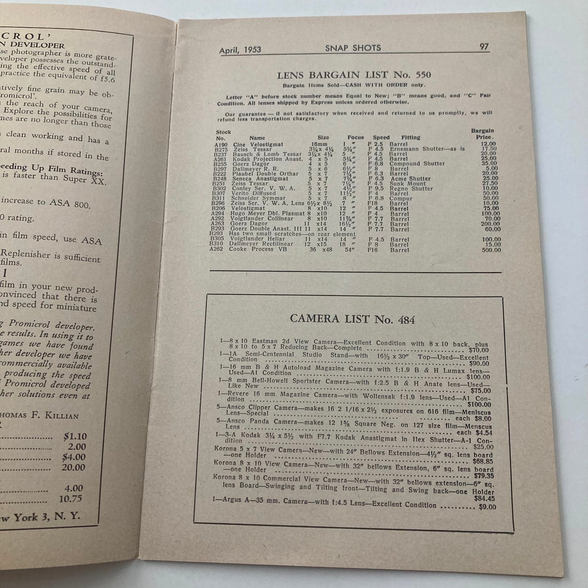Inside page of VTG Snap Shots Magazine April 1953 showing the Lens Bargain List No. 550 and Camera List No. 484, providing detailed pricing on vintage cameras and lenses.