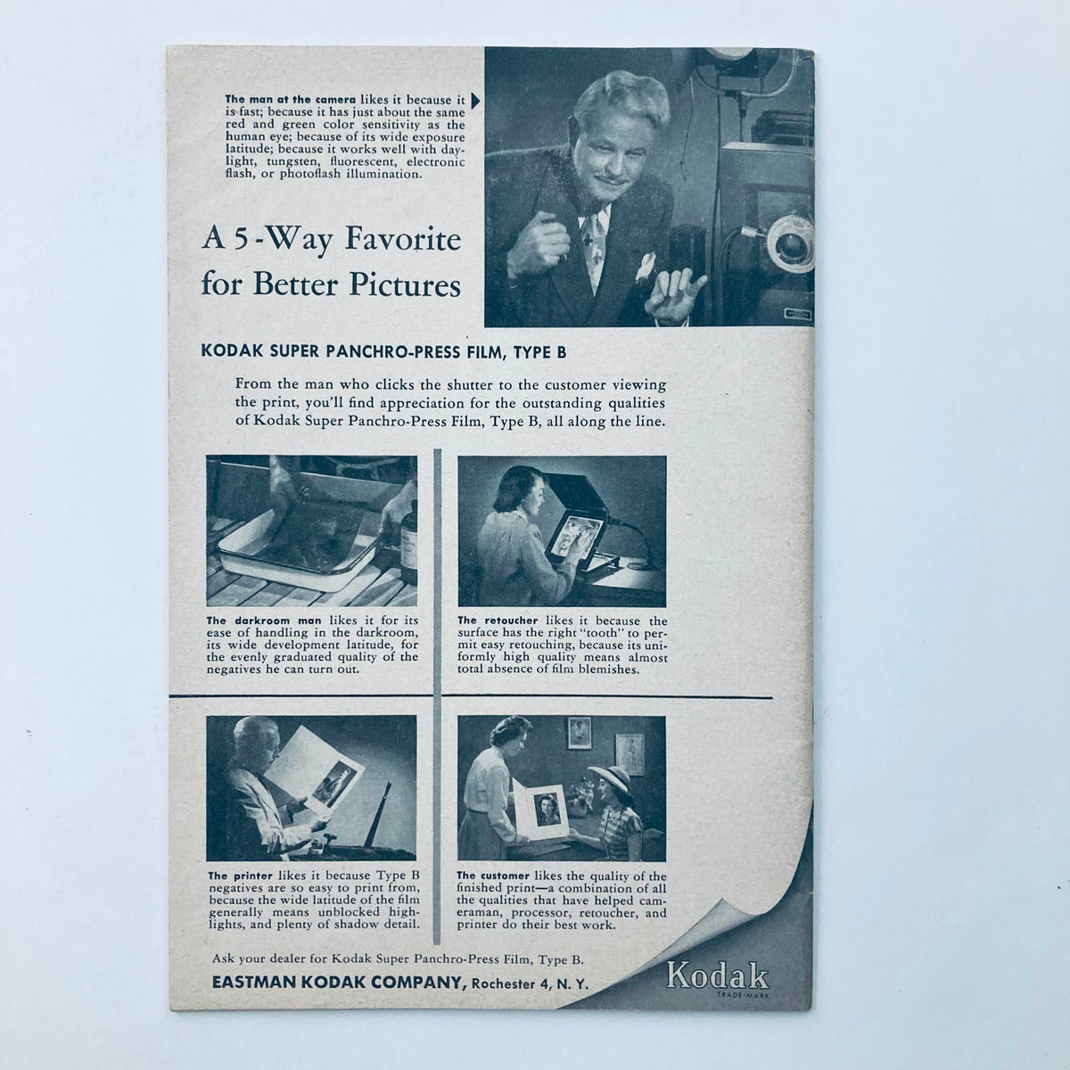 Back cover of VTG Snap Shots Magazine April 1953 featuring an advertisement for Kodak Super Panchro-Press Film, highlighting its advantages and uses for better photography.