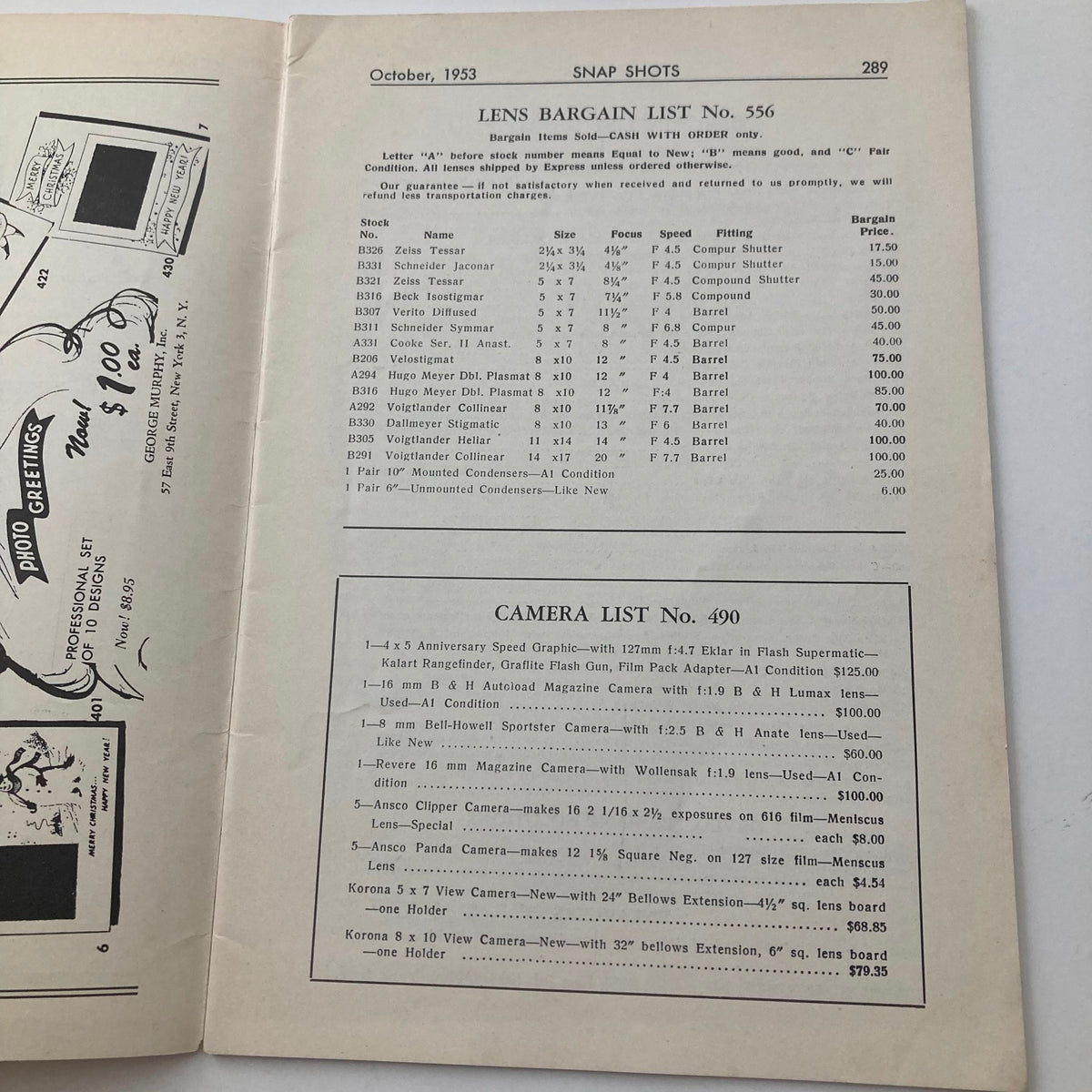 Inside page of VTG Snap Shots Magazine October 1953 showcasing Lens Bargain List No. 556 with photography equipment prices.