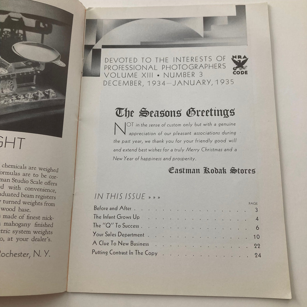 Interior page of the VTG Photographic Review Magazine December 1934, displaying the table of contents and a holiday greeting from Eastman Kodak Stores.