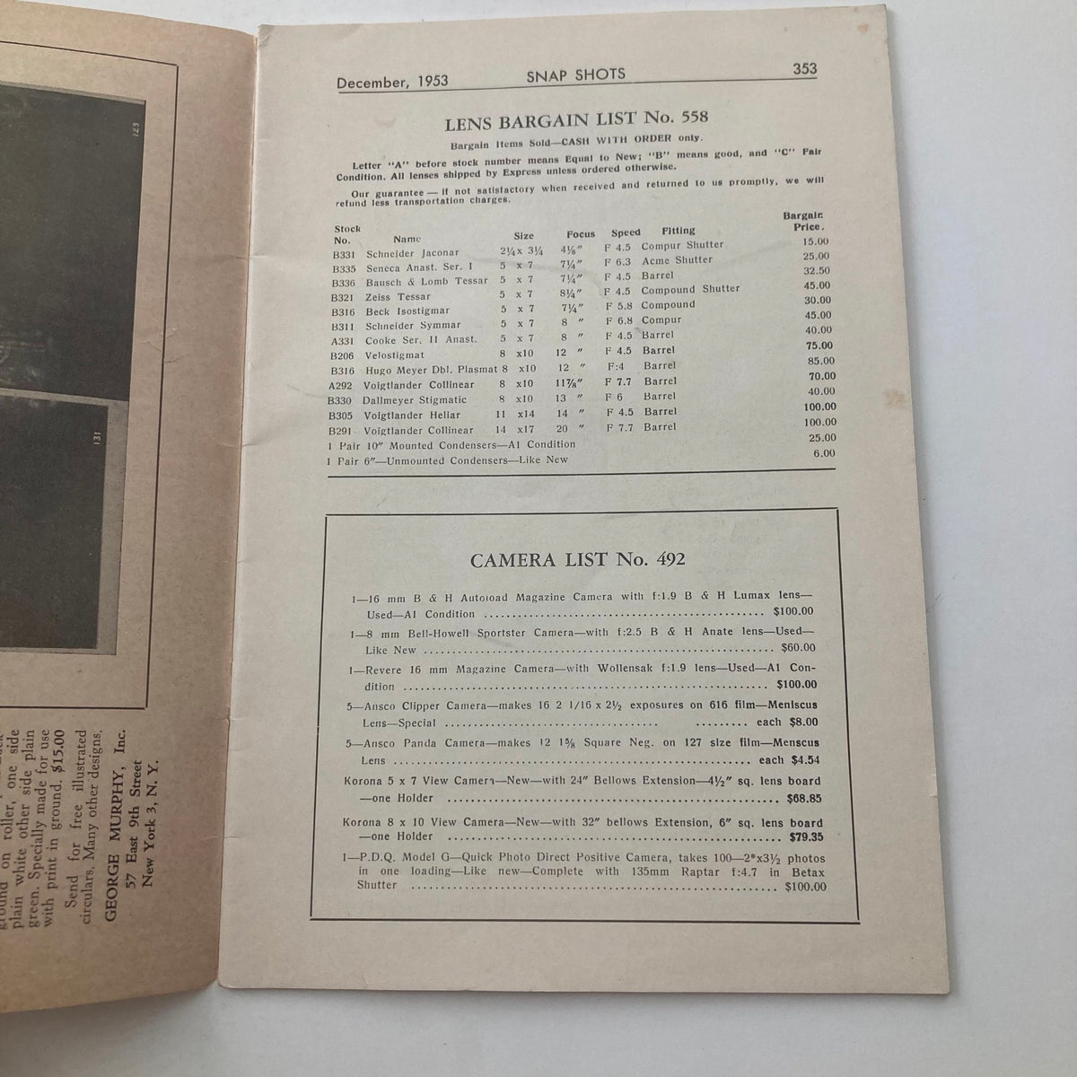 Inside page of VTG Snap Shots Magazine December 1953 showing a lens bargain list and camera list, highlighting photographic equipment.