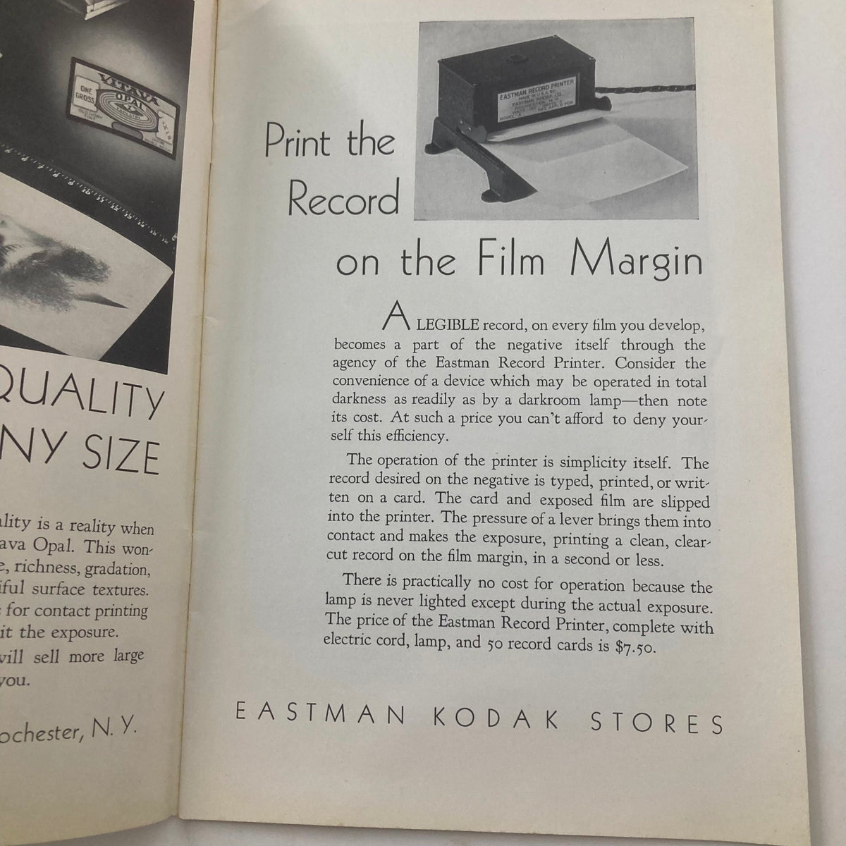 Inside page of VTG Photographic Review Magazine January 1933 titled 'The Film Margin', featuring an advertisement for the Eastman Record Printer, showcasing instructional text about printing records on film margins.