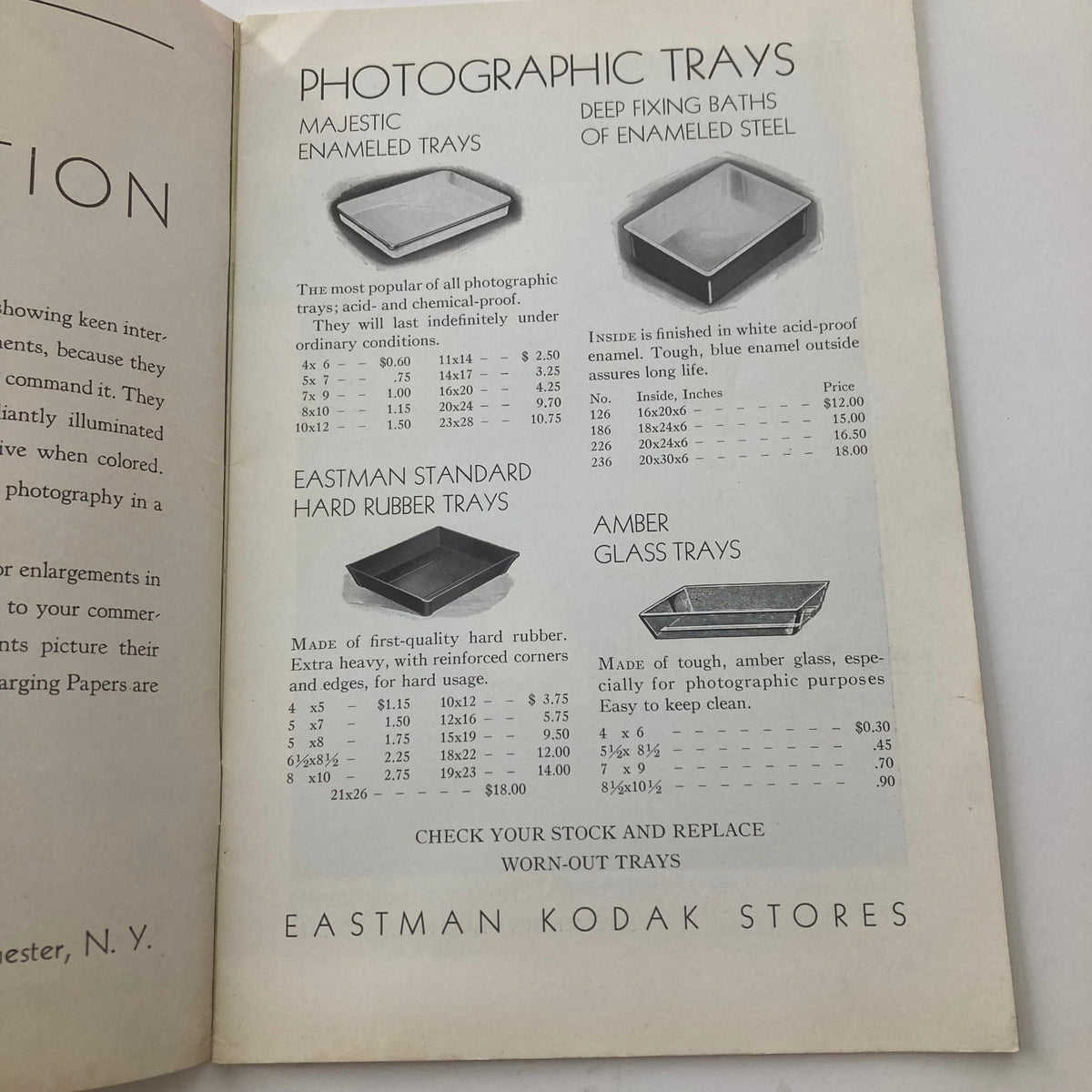 Detailed page from VTG Photographic Review Magazine December 1931 showcasing various photographic trays including enameled trays and hard rubber trays with pricing.