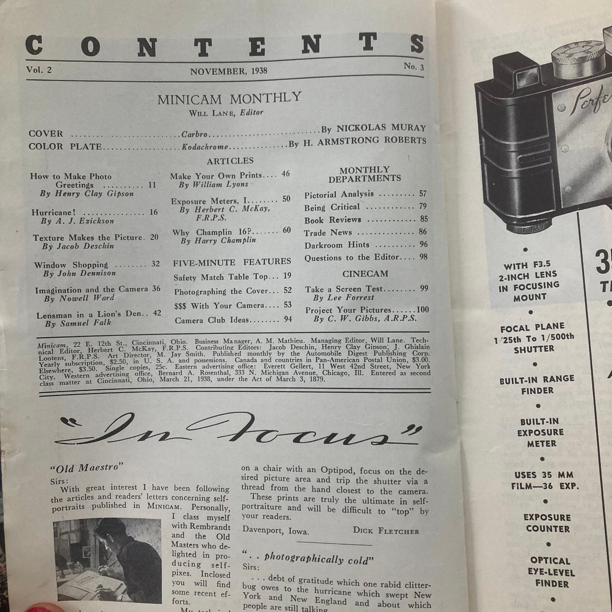 Contents page of the VTG Miniature Camera Magazine November 1938, showcasing article titles and features related to photography.