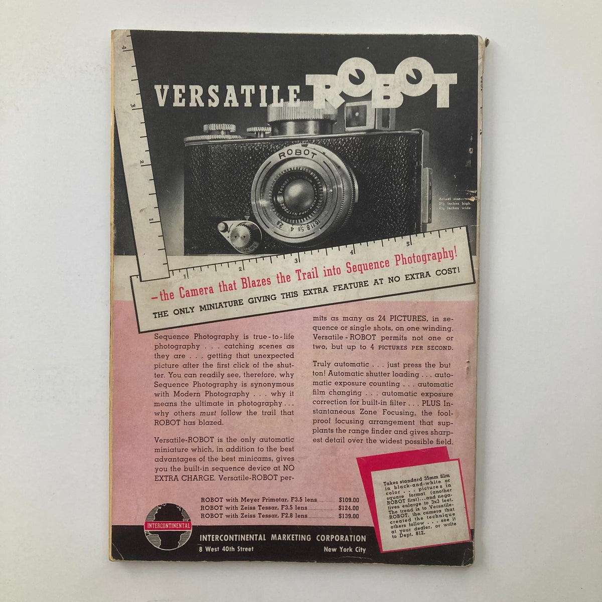Back cover of the VTG Miniature Camera Magazine from November 1938, showcasing the Versatile Robot camera advertisement and details about sequence photography.