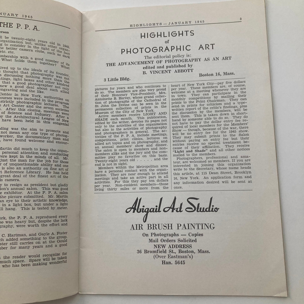 Inside page of VTG Highlights of Photographic Art Magazine January 1945, featuring editorial content about photography as an art form.