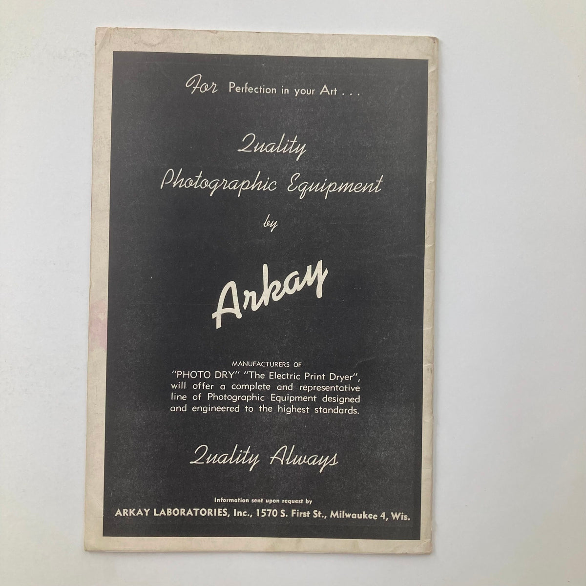 Back cover of VTG Highlights of Photographic Art Magazine January 1945, advertising Arkay photographic equipment with a vintage design.