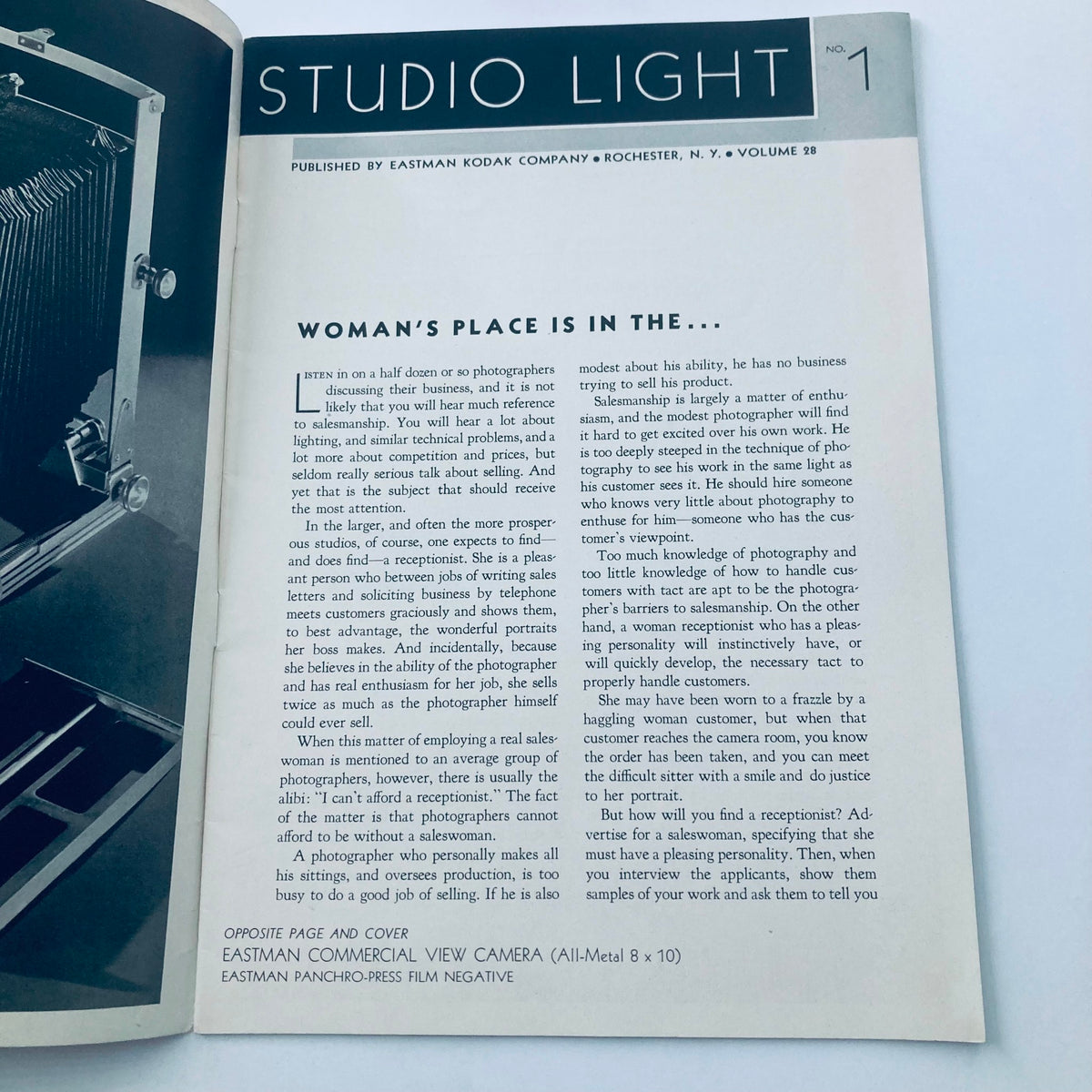 Interior page of VTG Studio Light Magazine May 1937 detailing an article on the theme 'Woman's Place is in The...', featuring photography insights.