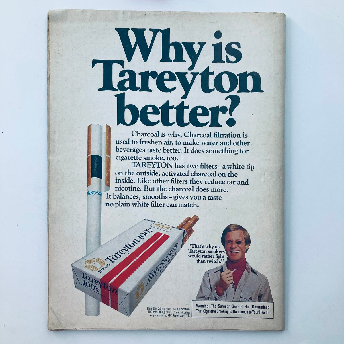 Back cover of the National Lampoon Magazine January 1976, featuring an advertisement for Tareyton cigarettes, highlighting their charcoal filtration system.