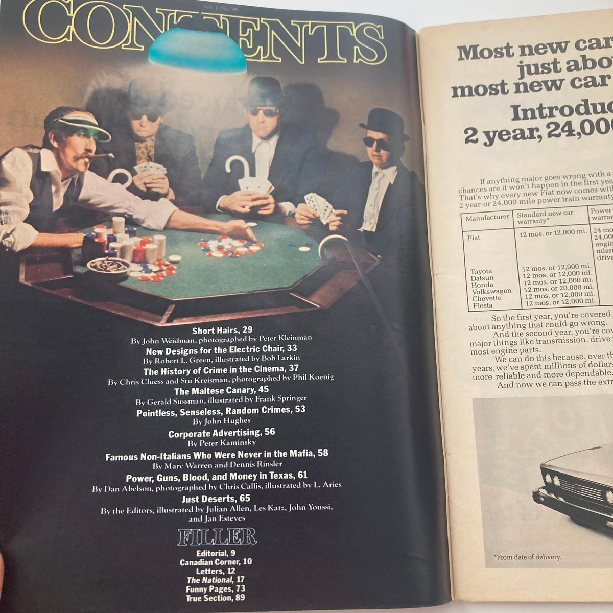 Inside contents page of VTG National Lampoon Magazine, March 1978, listing various articles including 'The Maltese Canary' and showcasing an illustration of poker players.