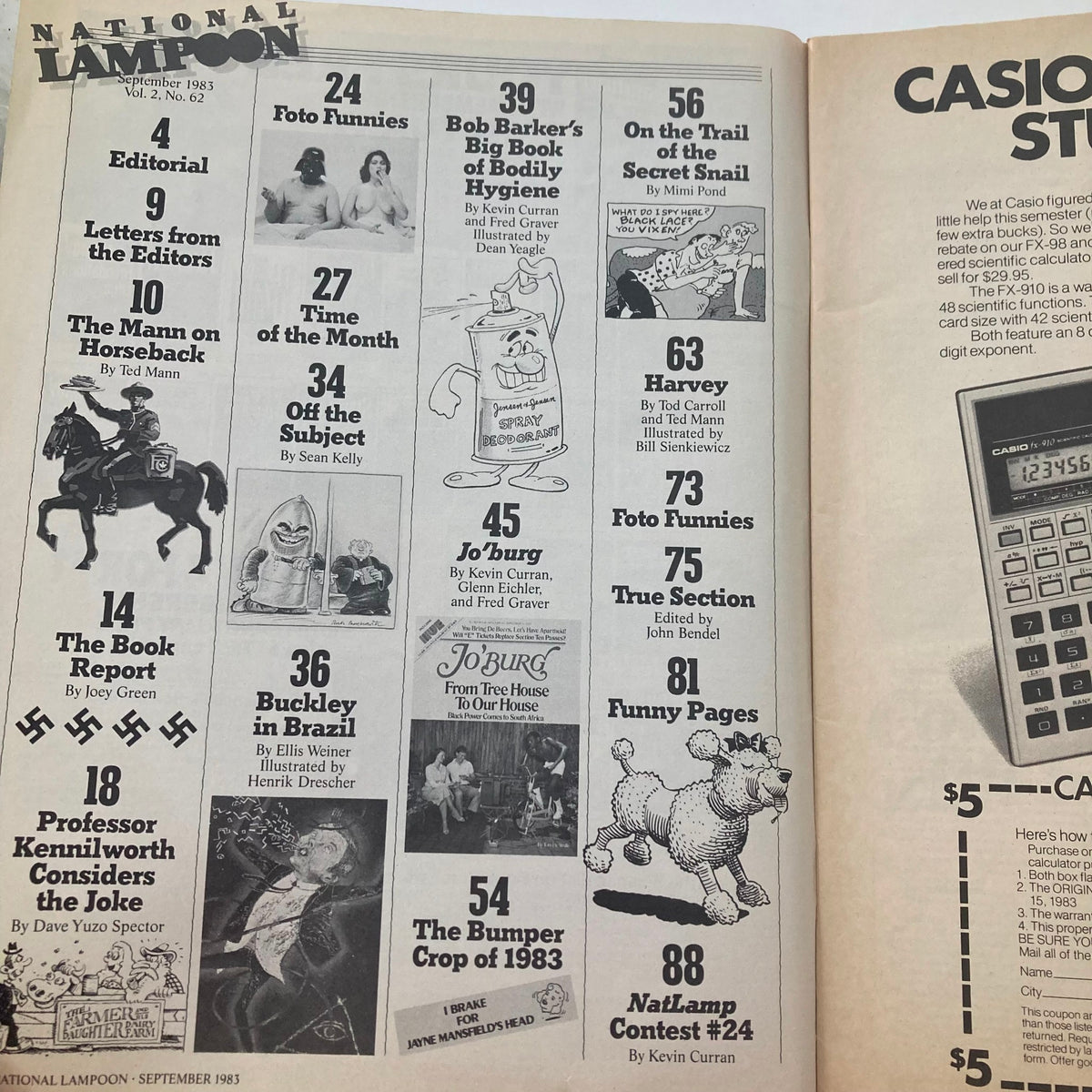 Interior page of Vtg National Lampoon Magazine September 1983 All-Star Gala Edition showcasing an editorial layout with various article titles and humorous illustrations.