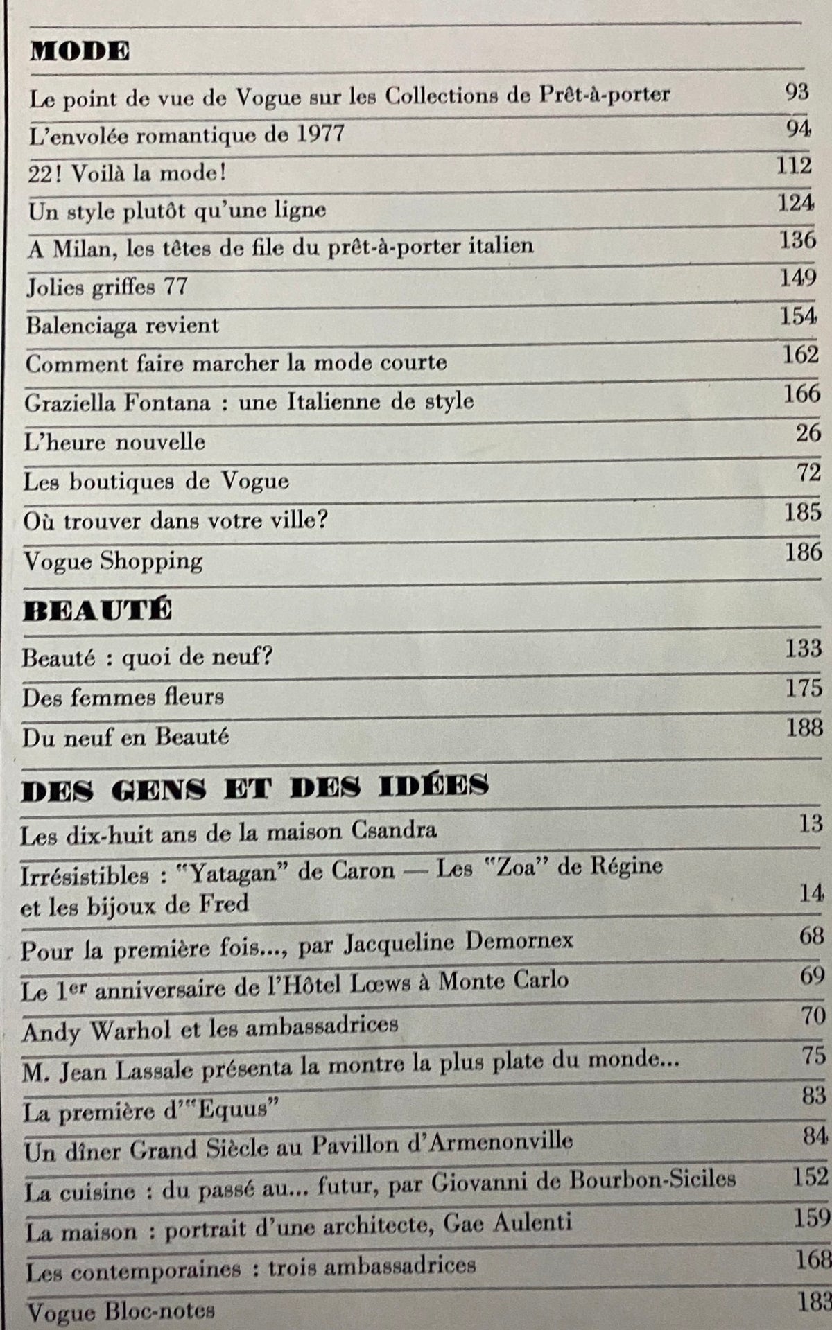 Interior page of Vogue Paris Magazine February 1977 displaying the contents list, featuring sections on fashion, beauty, and cultural commentary from a notable vintage edition.