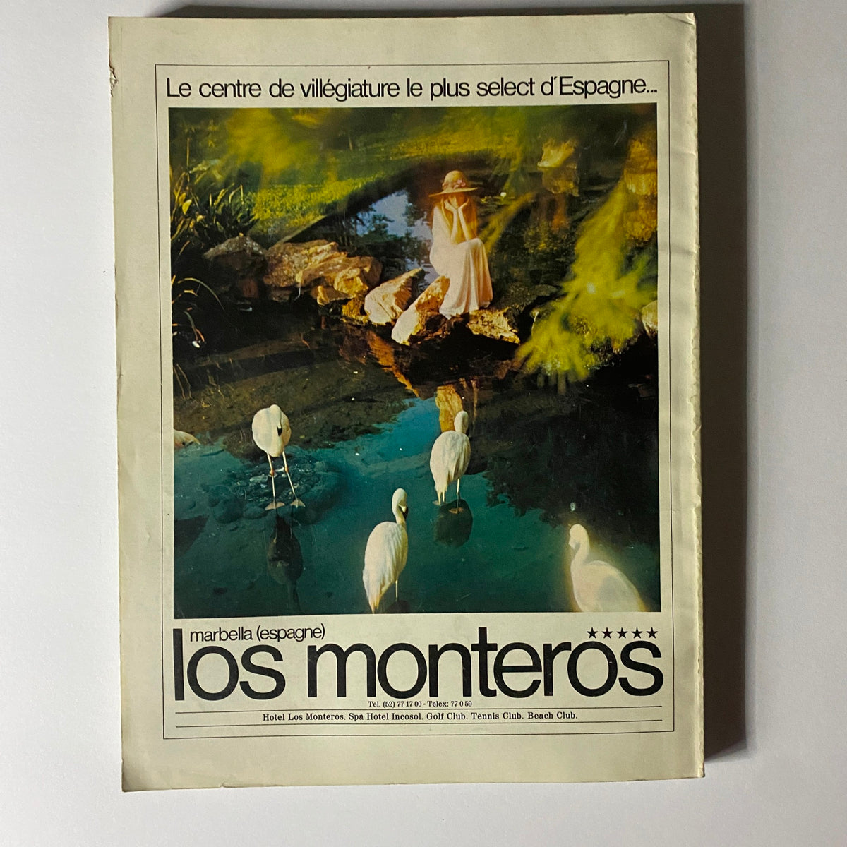 Advertisement for Los Monteros Hotel, Marbella, Spain, included in Vogue Paris Magazine October 1976, depicting serene natural scenery.