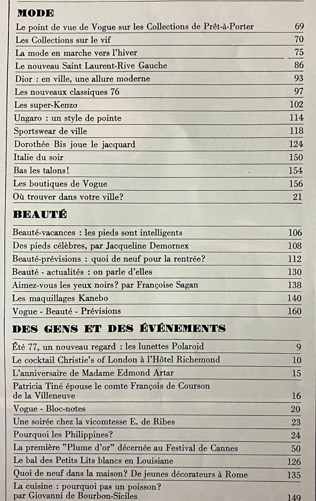 Table of contents from Vogue Paris Magazine August 1976 featuring fashion articles, beauty features, and events, highlighting the issue's focus on 1970s trends and style.