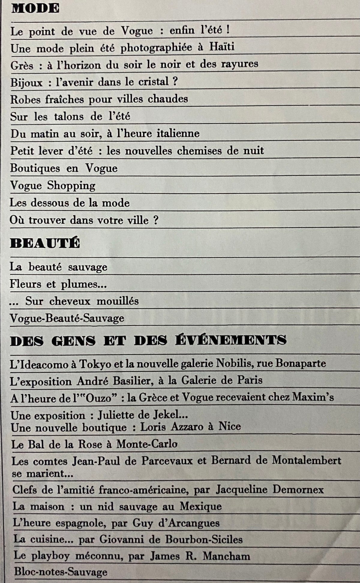 Page from Vogue Paris Magazine June - July 1976 showcasing fashion articles including summer styles photographed in Haiti, highlighting the vibrant and daring fashion trends of that era.