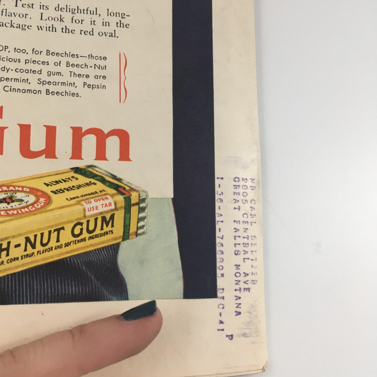 Close-up of Beech-Nut Gum advertisement from a vintage Life Magazine, featuring the iconic yellow package with red oval.