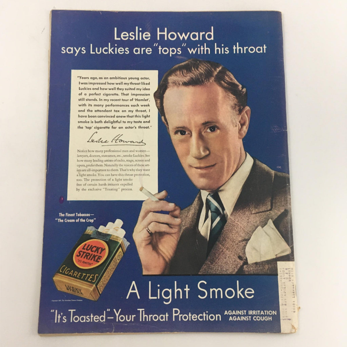 Back cover ad of Life Magazine featuring Leslie Howard endorsing Lucky Strike cigarettes, highlighting the vintage advertisement style.