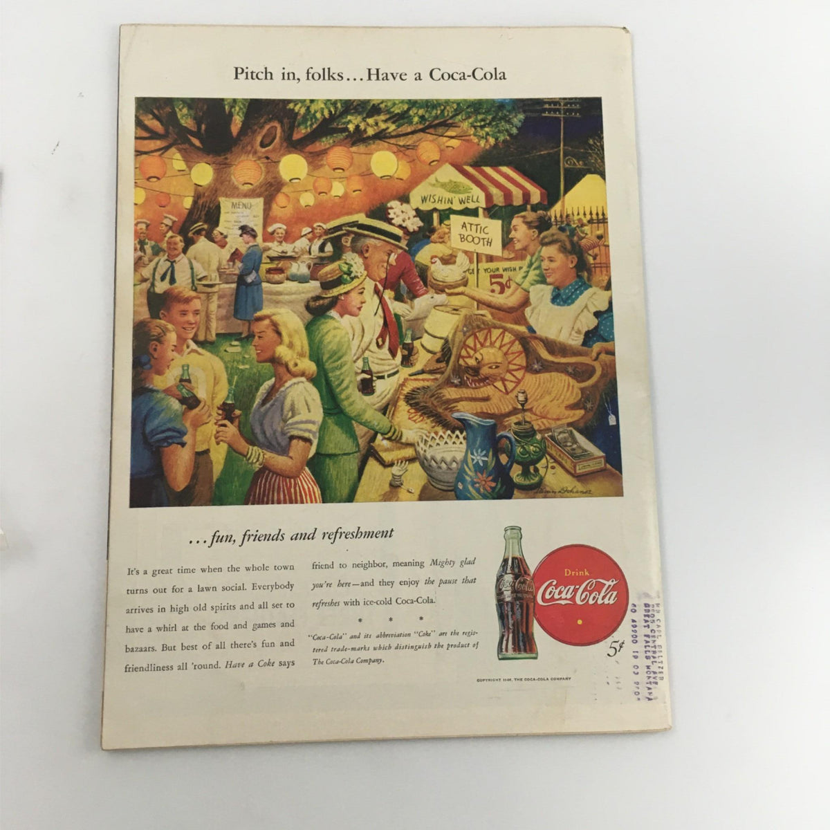 Back cover of the VTG Life Magazine July 29, 1946 showcasing a vintage Coca-Cola advertisement with a festive gathering illustration.
