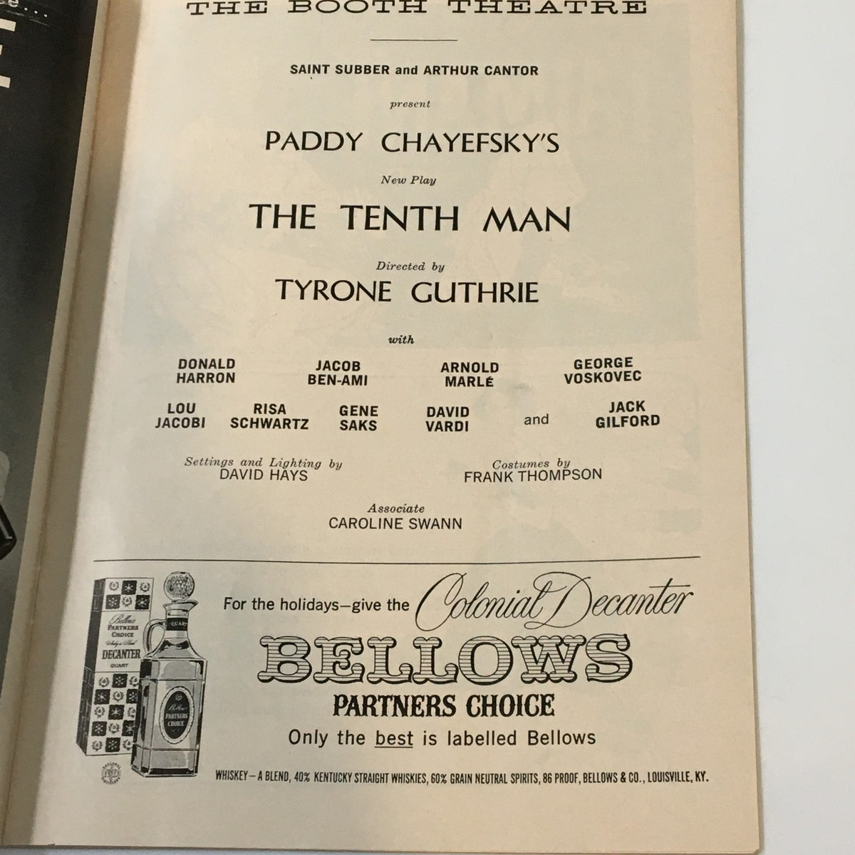 Inside of the 1959 Playbill for The Booth Theatre presenting The Tenth Man, featuring cast and crew details with a vintage advertisement.