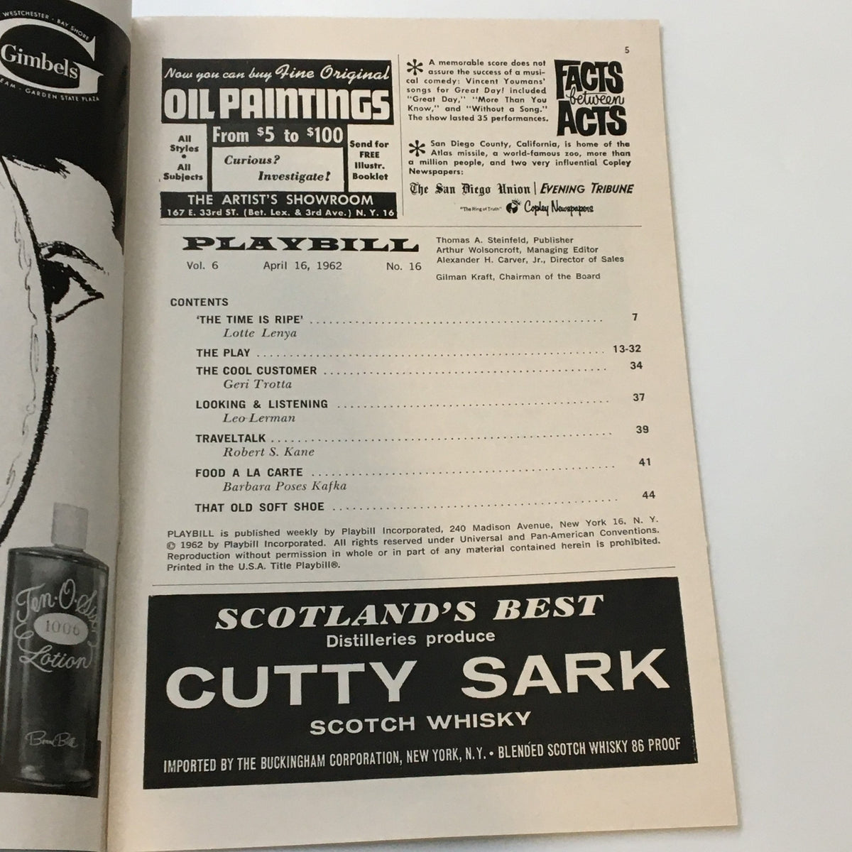 1962 Playbill The Playhouse page displaying various advertisements and the table of contents for The Aspern Papers, dated April 16, 1962.