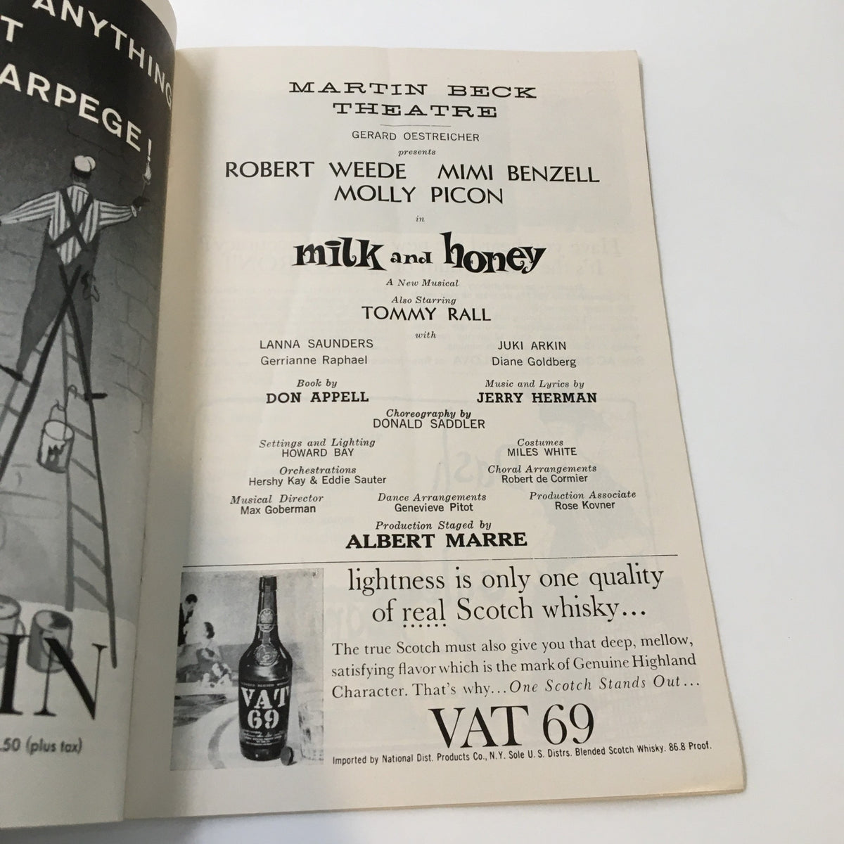 Another interior page of the 1962 Playbill for Milk and Honey, featuring cast details and theatrical credits.