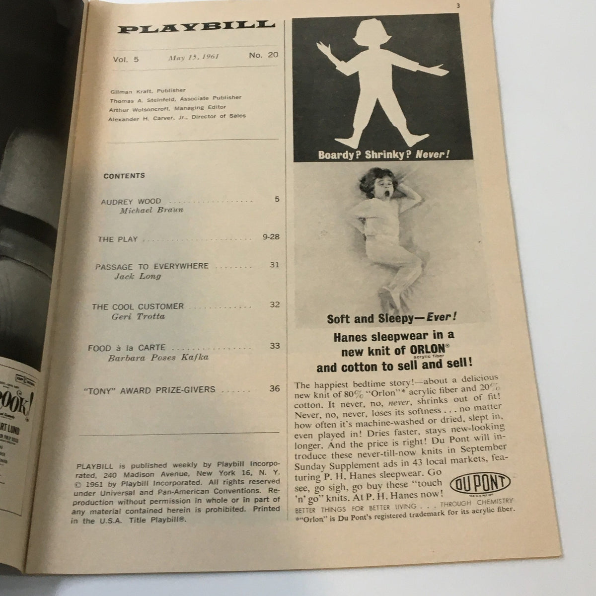 Inside page of the 1961 Playbill 'Come Blow Your Horn', displaying contents and advertising, showcasing vintage theater memorabilia.