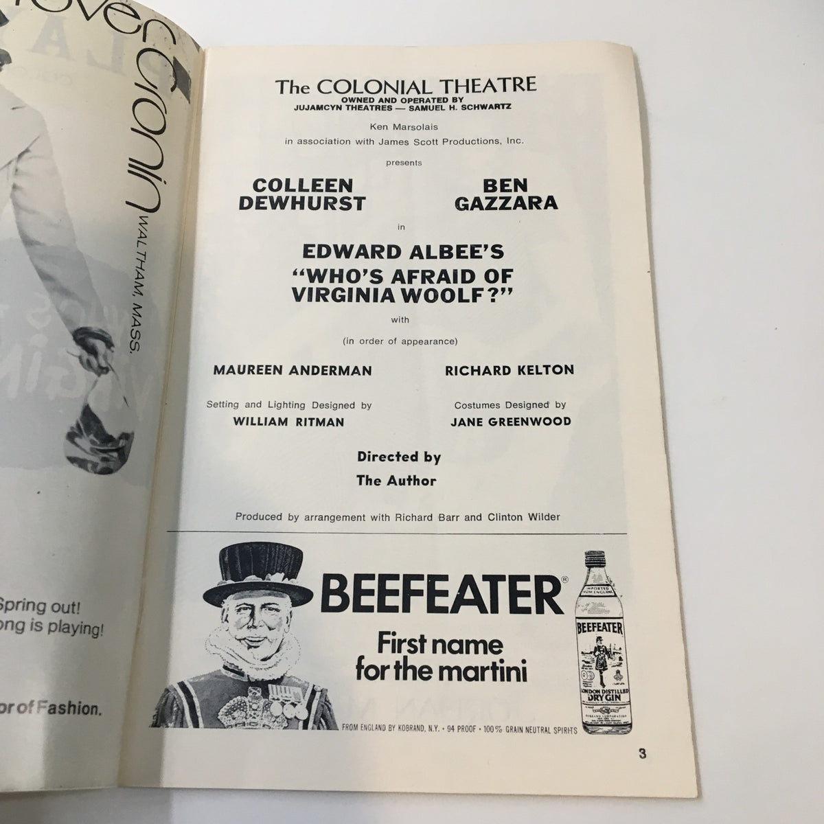 Inside page of the 1976 Playbill for Edward Albee's Who's Afraid of Virginia Woolf at The Colonial Theatre, listing the cast and production details alongside vintage advertisements.