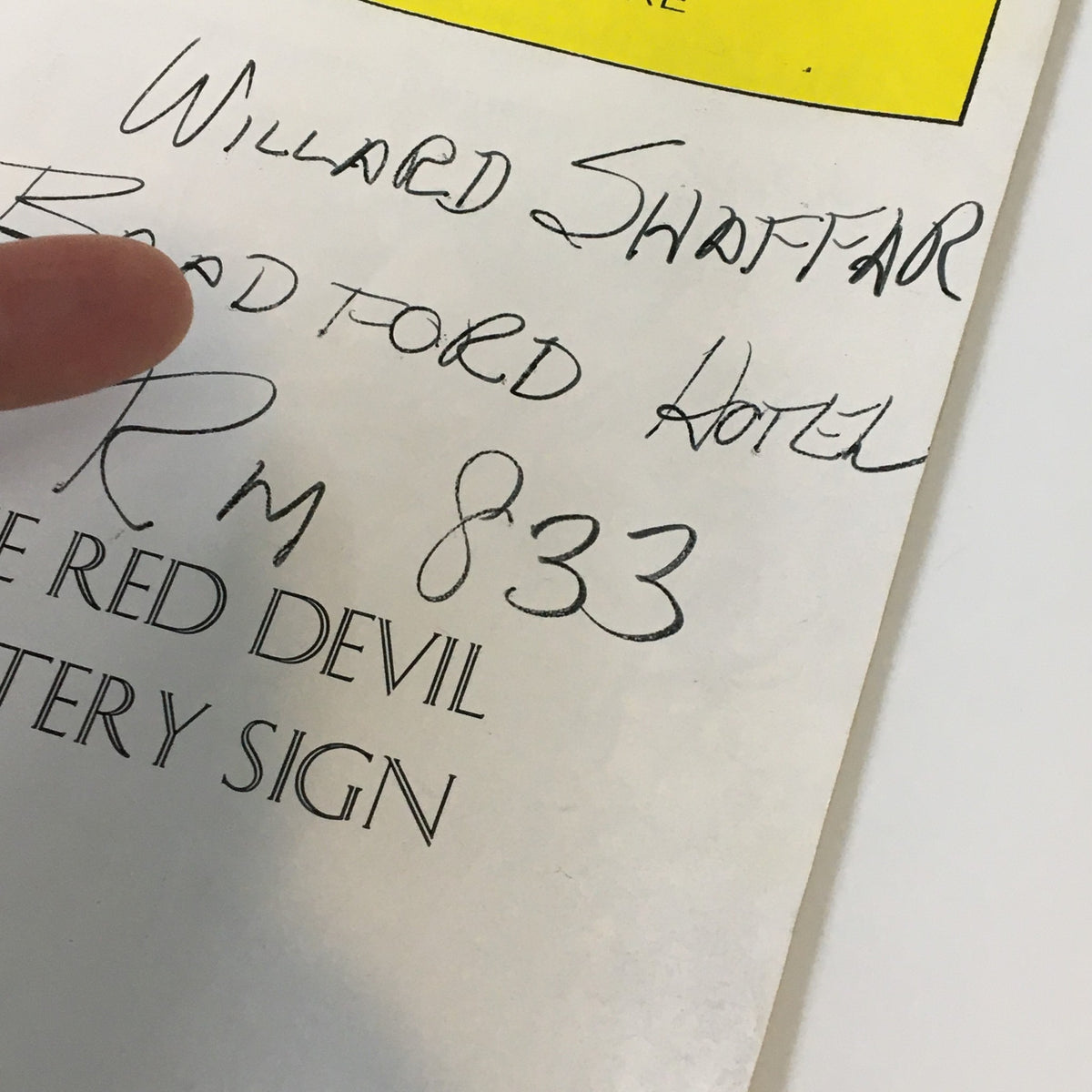 Close-up of handwritten notes on the 1975 Playbill for The Red Devil Battery Sign from Shubert Theatre.