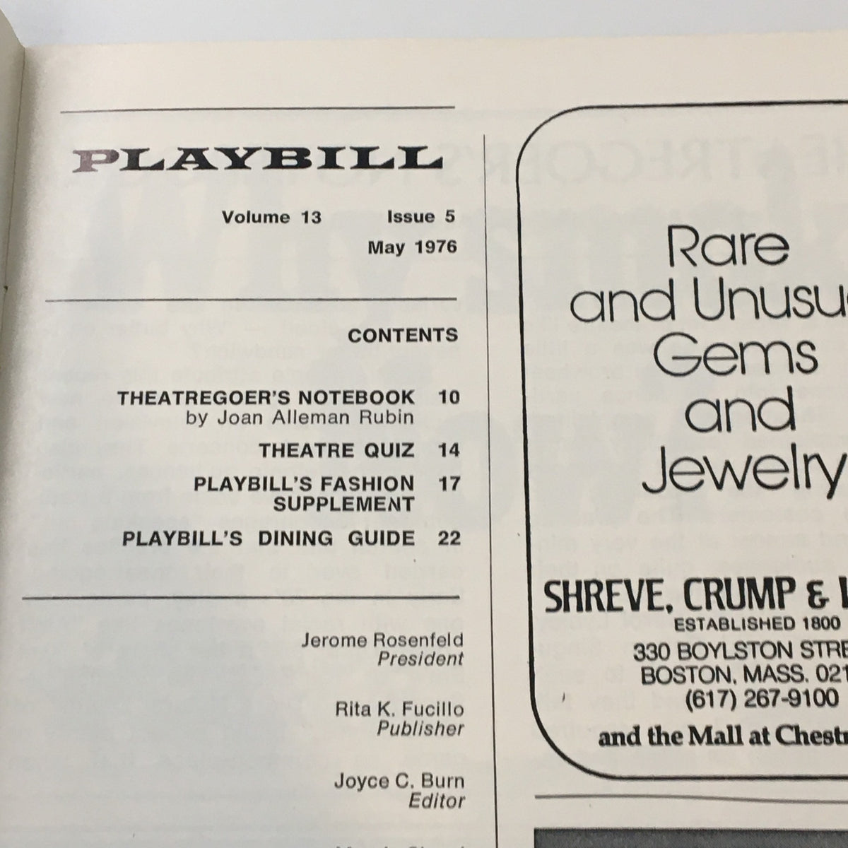 1976 Playbill The Colonial Theatre D'Oyly Carte in Gilbert & Sullivan featuring the table of contents page from the May edition, highlighting various performance topics.