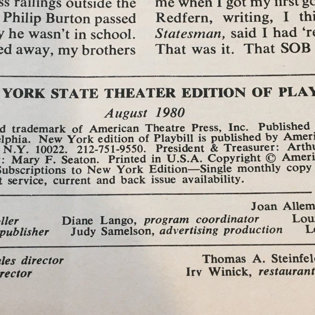 Inside page of the Summer at the State Theater program from August 1980, detailing contributors and publishers, highlighting the production of Lerner & Loewe's Camelot.