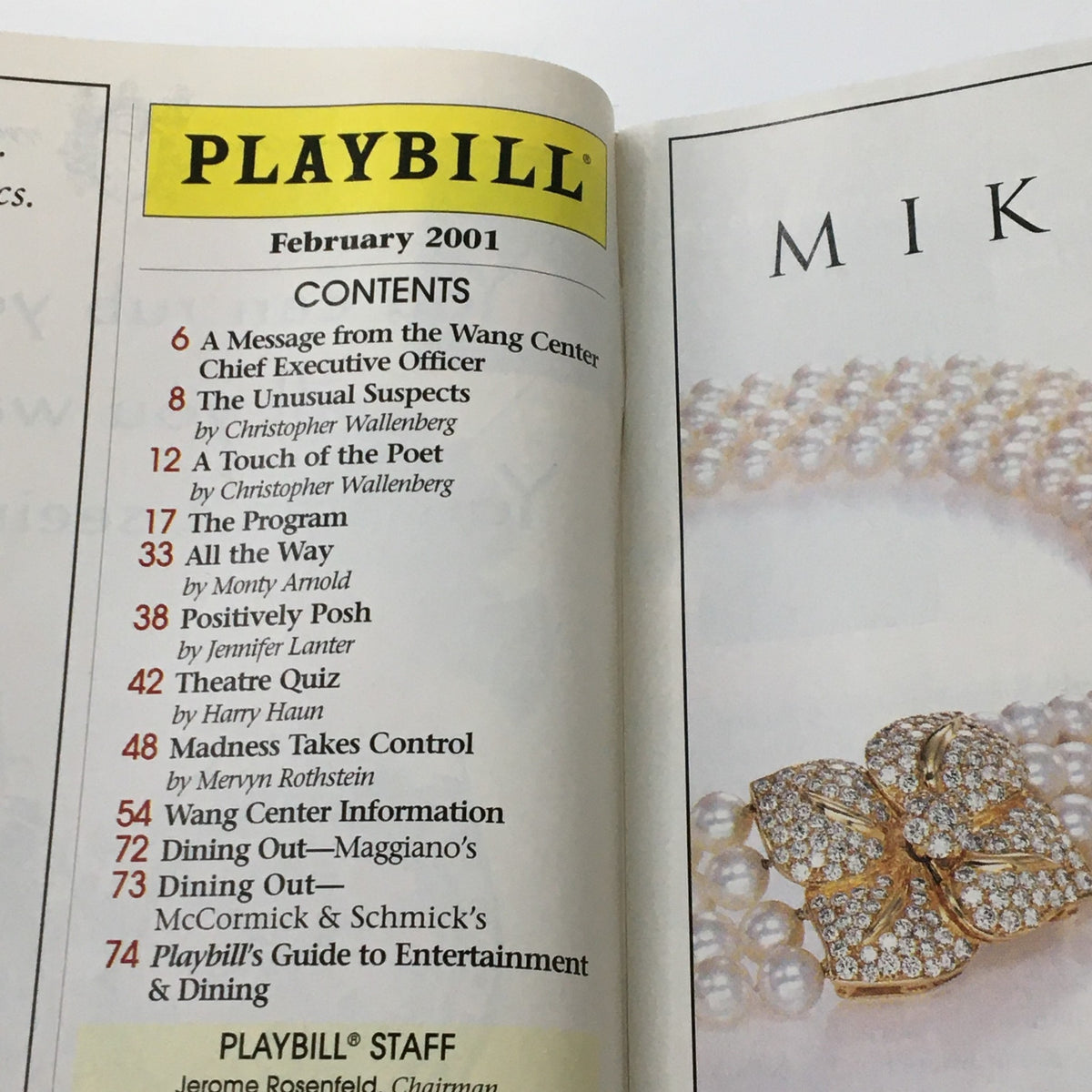 2001 Playbill for The Belle of Amherst with contents listing, including articles and features from the February edition.
