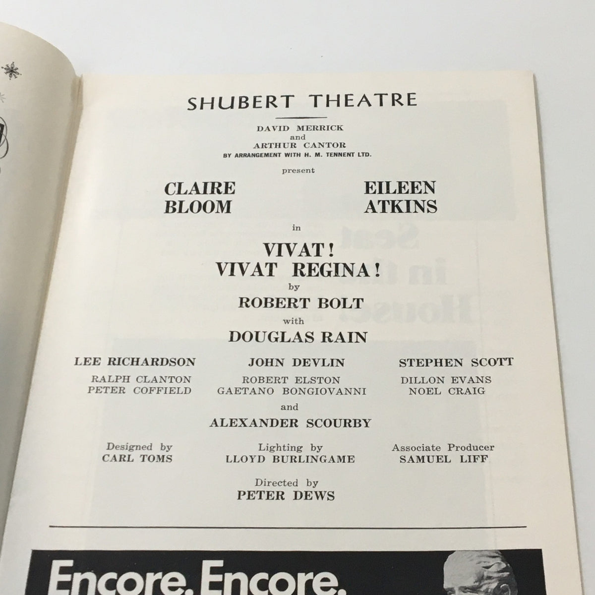 1972 Playbill from the Shubert Theatre featuring Claire Bloom and Eileen Atkins in Vivat Vivat Regina by Robert Bolt, showcasing the cast and production details in a vintage program.