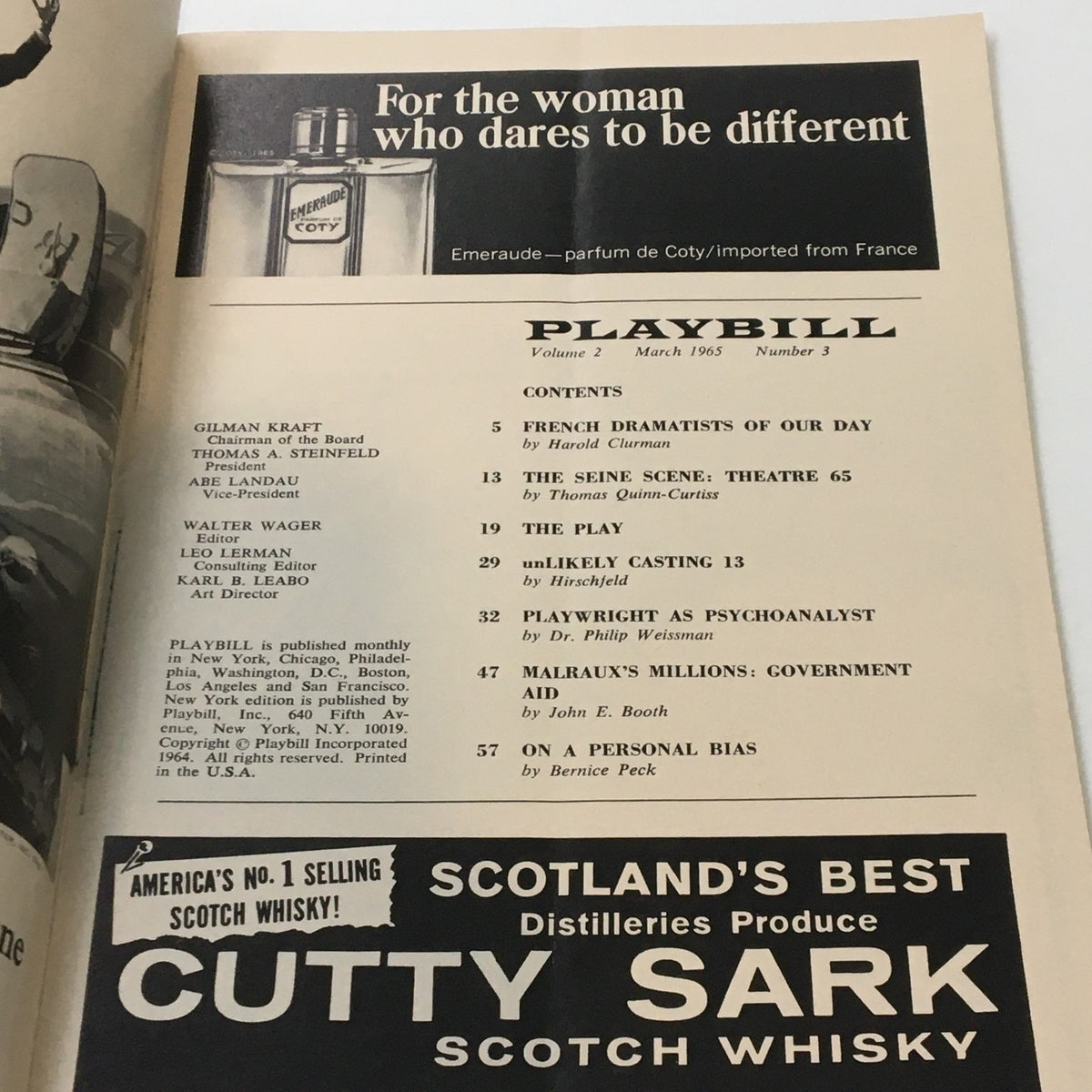 Interior page of the 1965 Playbill from The Booth Theatre, including contents and advertisements, highlighting the historical context of the era.