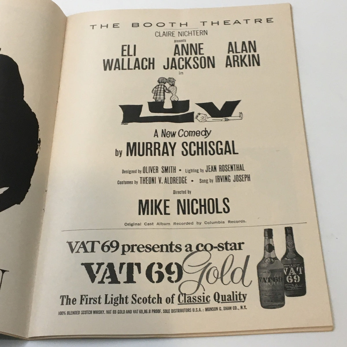 1965 Playbill from The Booth Theatre showcasing Eli Wallach in the comedy 'Luv' by Murray Schisgal, featuring cast details and production information.
