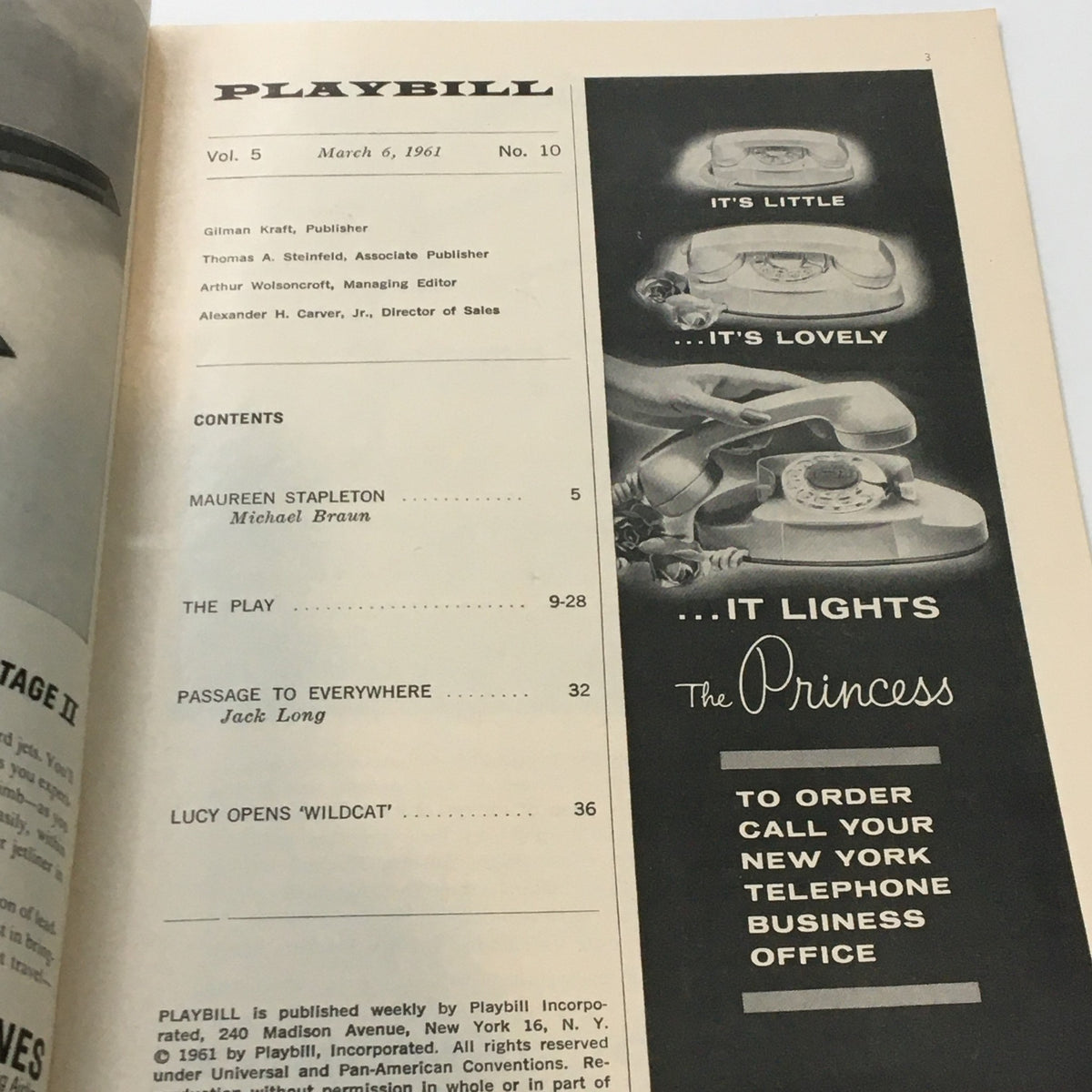 1961 Playbill from Royale Theatre featuring contents page with notable productions including Maureen Stapleton and advertisements, showcasing the vintage theatre experience.