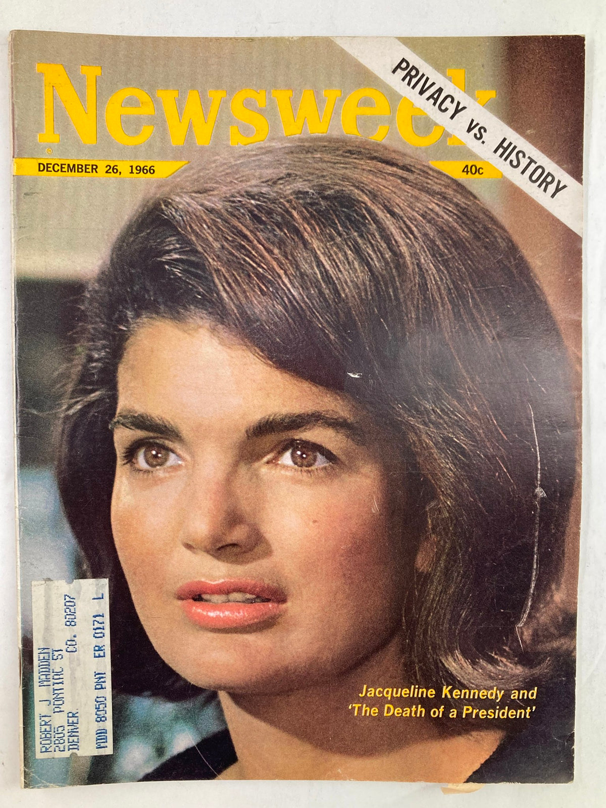 VTG Newsweek Magazine December 26 1966 cover featuring Jacqueline Kennedy with the title 'Jacqueline Kennedy and The Death of a President'.