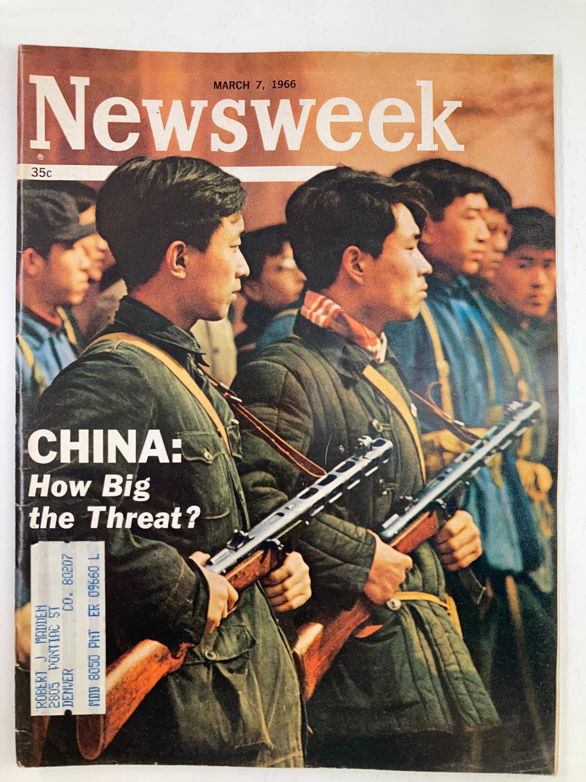 Cover of Newsweek magazine from March 7, 1966, featuring the title 'China: How Big the Threat?' The image depicts young men dressed in military attire, holding rifles, and engaged in a serious expression, reflecting the geopolitical tensions of the era.