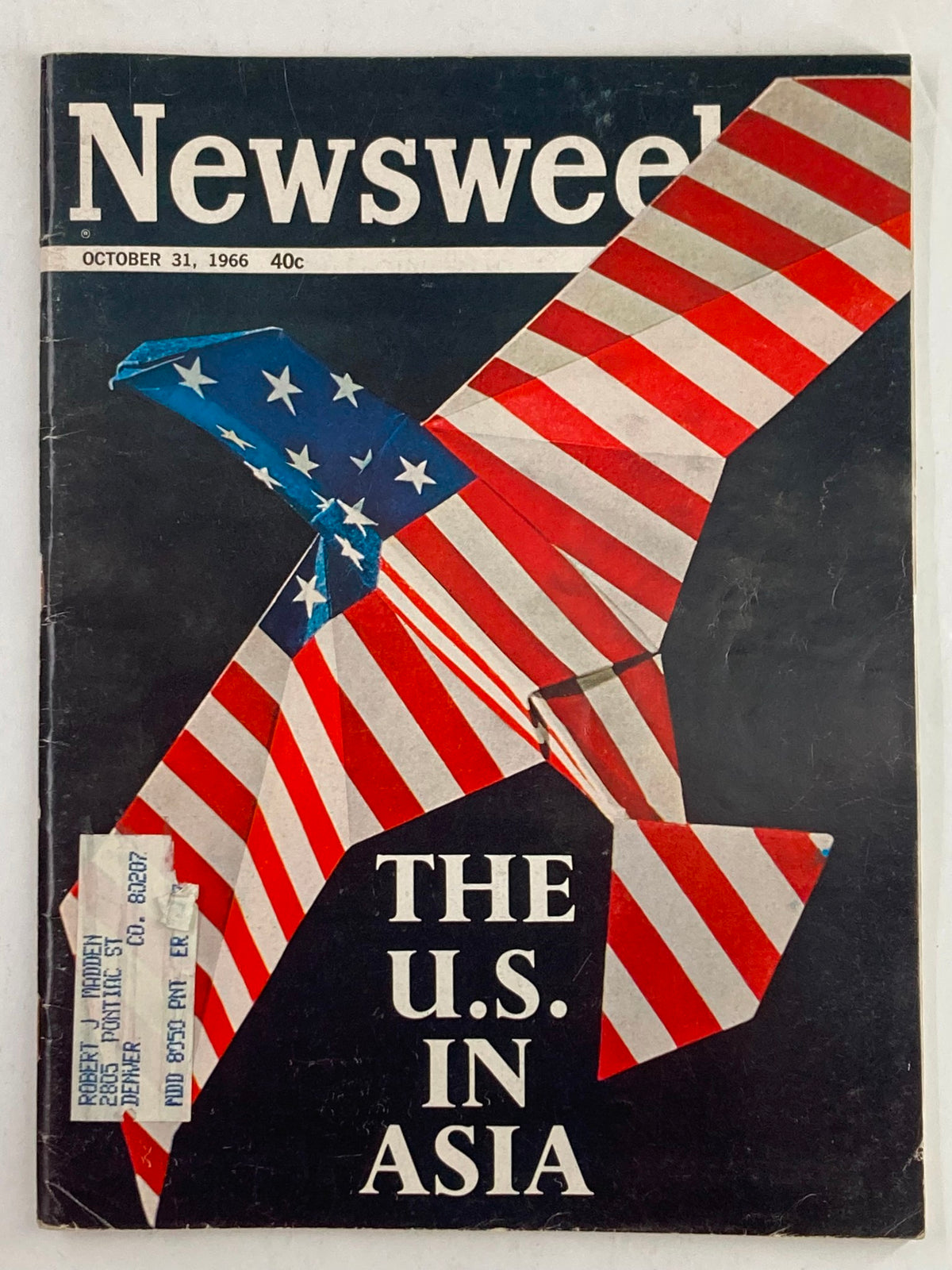 Vintage Newsweek magazine cover from October 31, 1966, featuring the title 'The U.S. in Asia' with a striking graphic of an eagle adorned with the American flag.