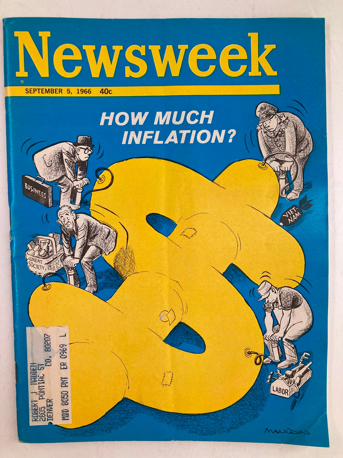 Cover of VTG Newsweek Magazine September 5 1966 featuring the question 'How Much Inflation?' with colorful illustrations depicting economic themes.