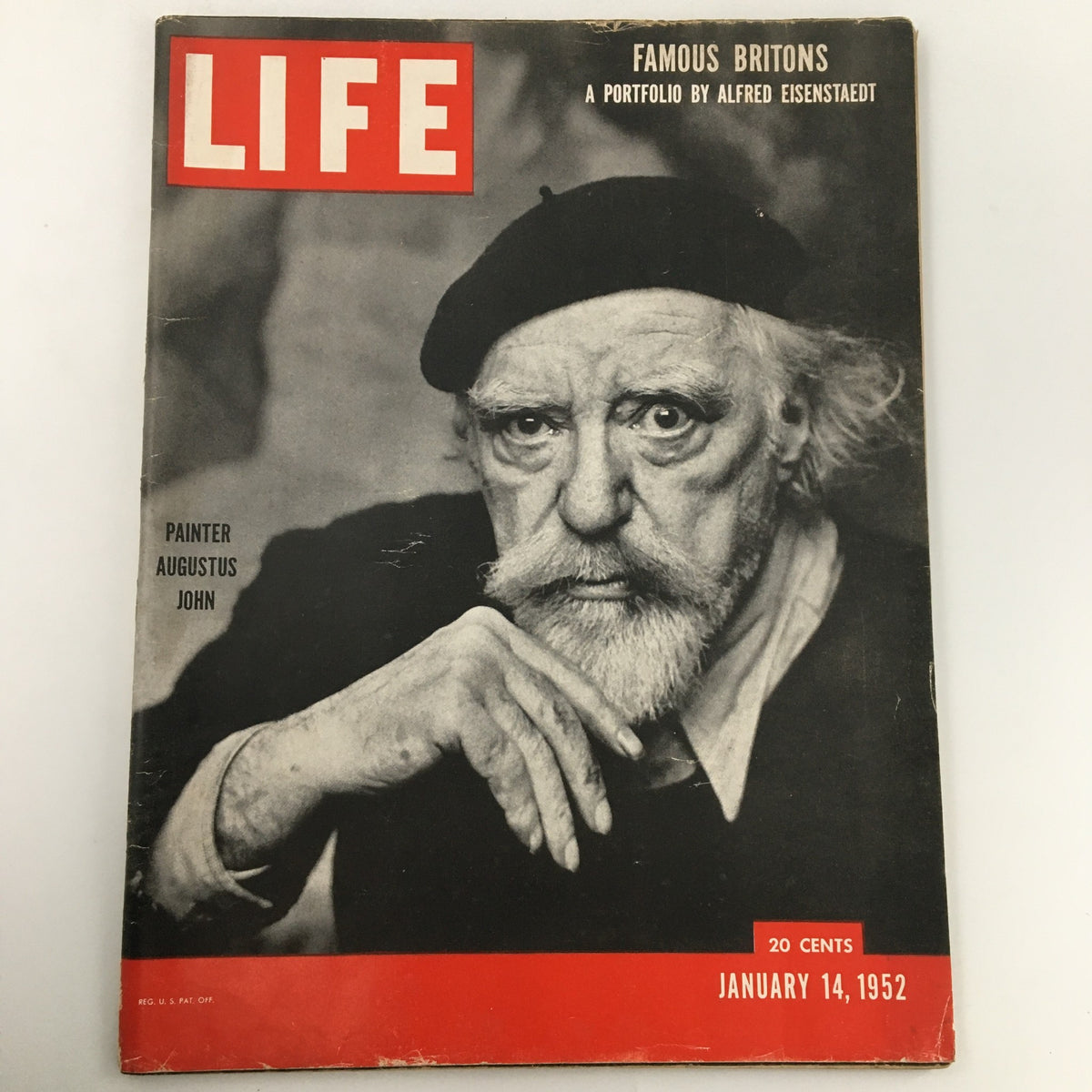 Cover of VTG Life Magazine January 14 1952 featuring painter Augustus John, showcasing a striking black and white photograph of the artist with a beret and thoughtful expression.