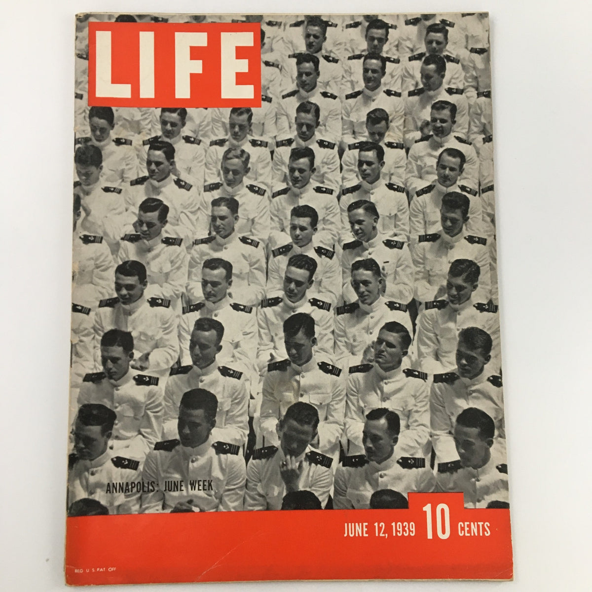 Cover of Life Magazine dated June 12, 1939, featuring Annapolis June Week, displaying a crowd of midshipmen in white uniforms, illustrating the vibrant culture and traditions of the United States Naval Academy.