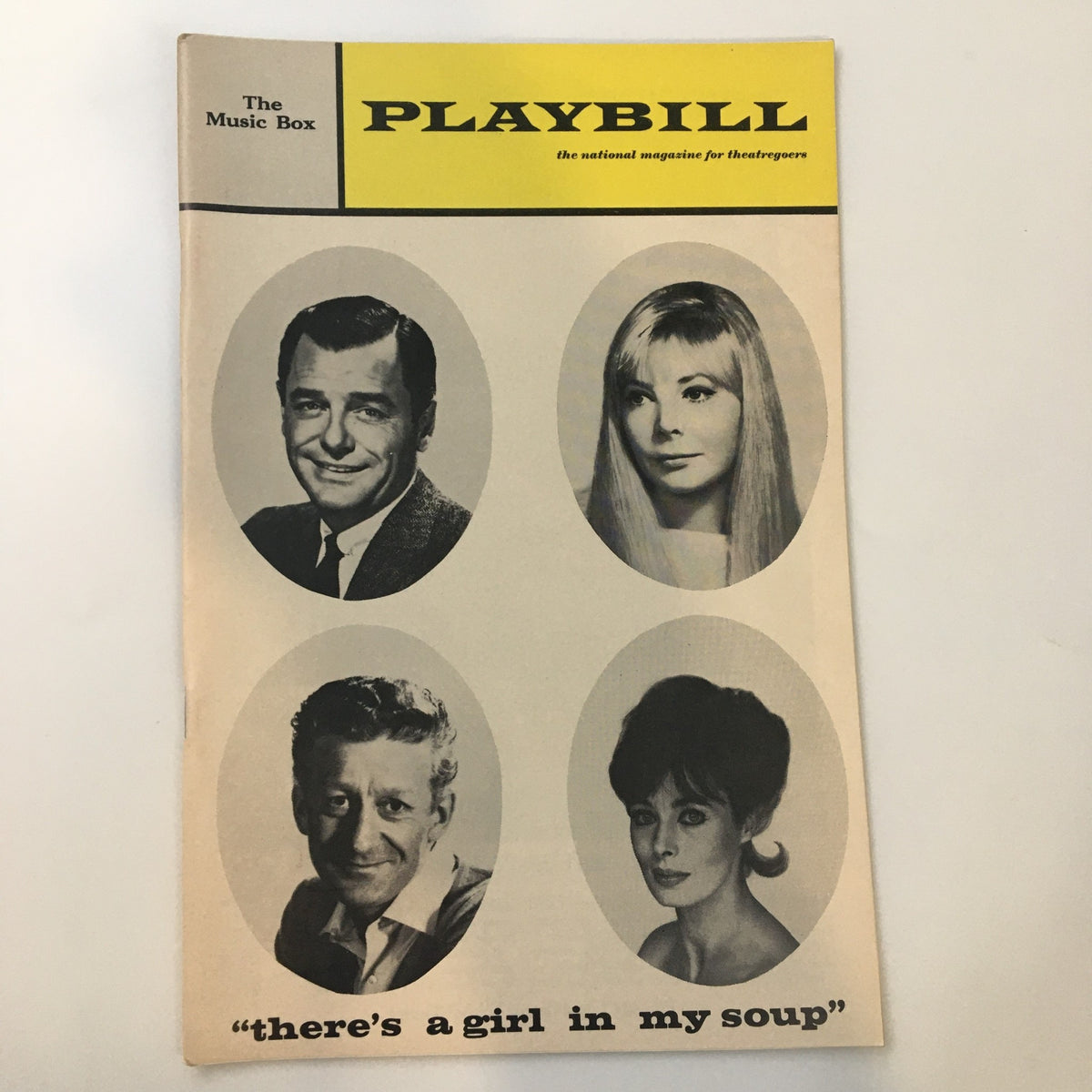1968 Playbill for the musical 'There's A Girl in My Soup' at The Music Box Theatre featuring headshots of the main cast.