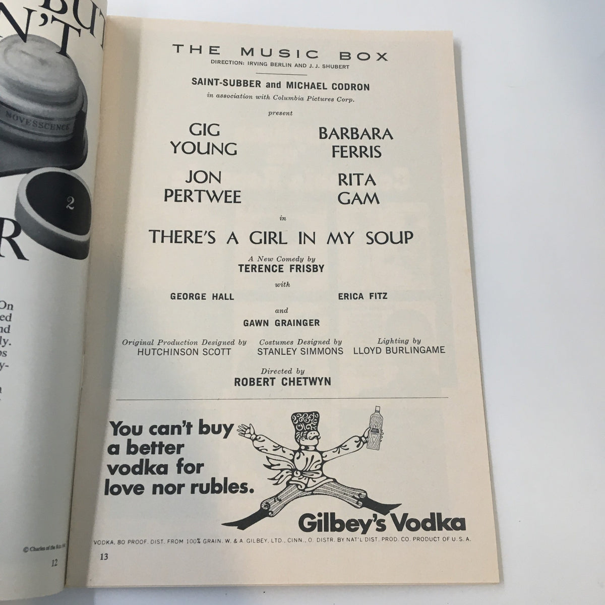 The cover page of the 1968 Playbill for 'There's A Girl in My Soup' featuring cast names and production details.